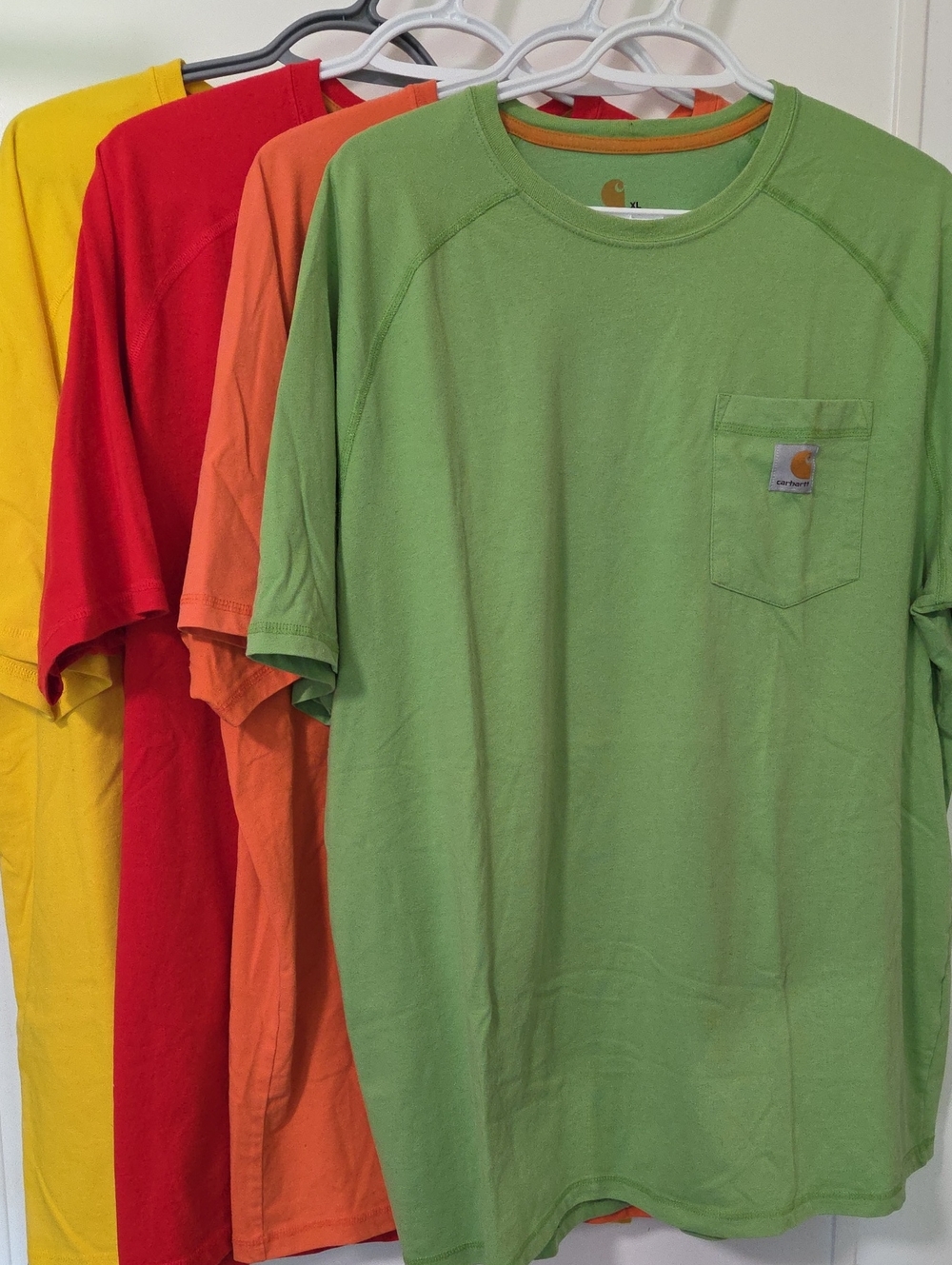 4 Carhartt Short-Sleeve Pocket Tee in Green, Orange, red, yellow